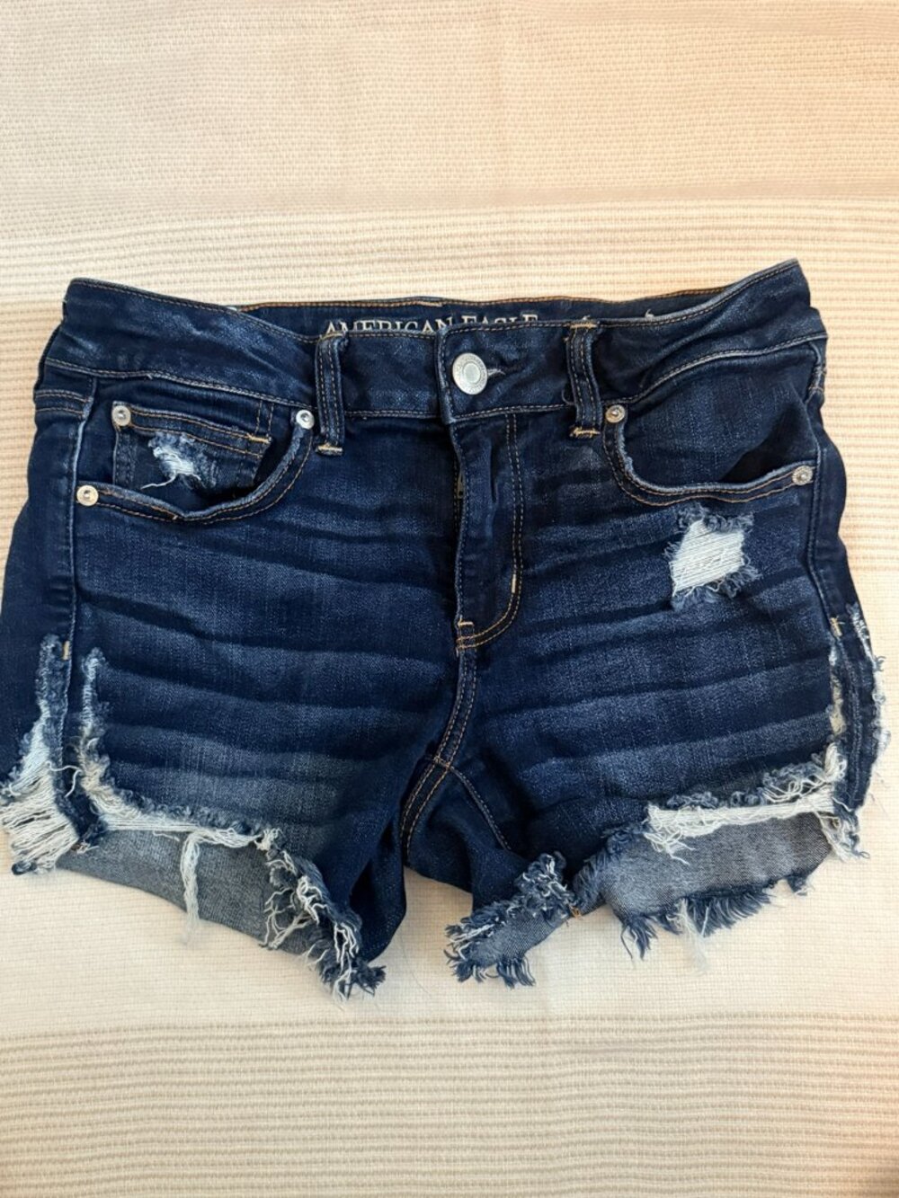 American Eagle Next Level Stretch X Distressed Denim Shorts Size 10 Dark Wash